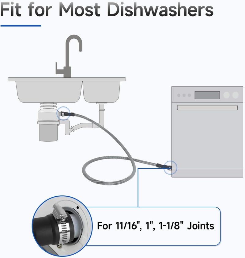 JUWO 6 FT Dishwasher Drain Hose, Corrugated and Flexible Dishwasher Hose Drain Replacement with Clamps, Discharge Hose Fits 11/16", 1", 1-1/8" Dishwasher End - Image 3